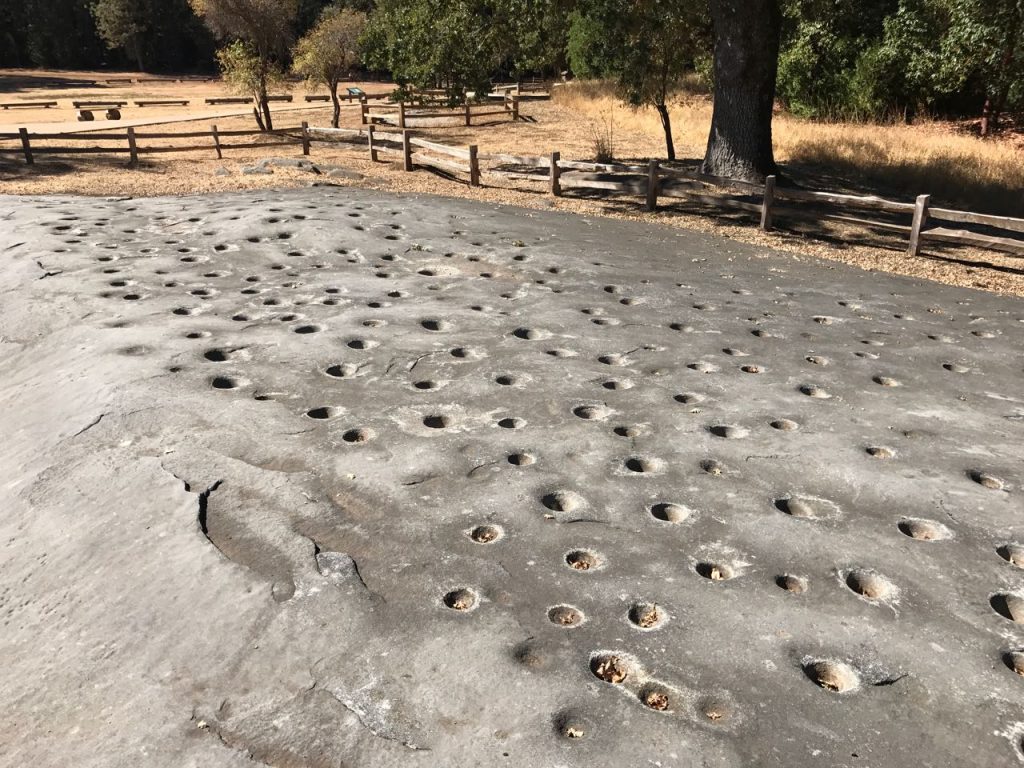 Huge slab at Indian Grinding Rock State Park (hundreds of mortar holes)