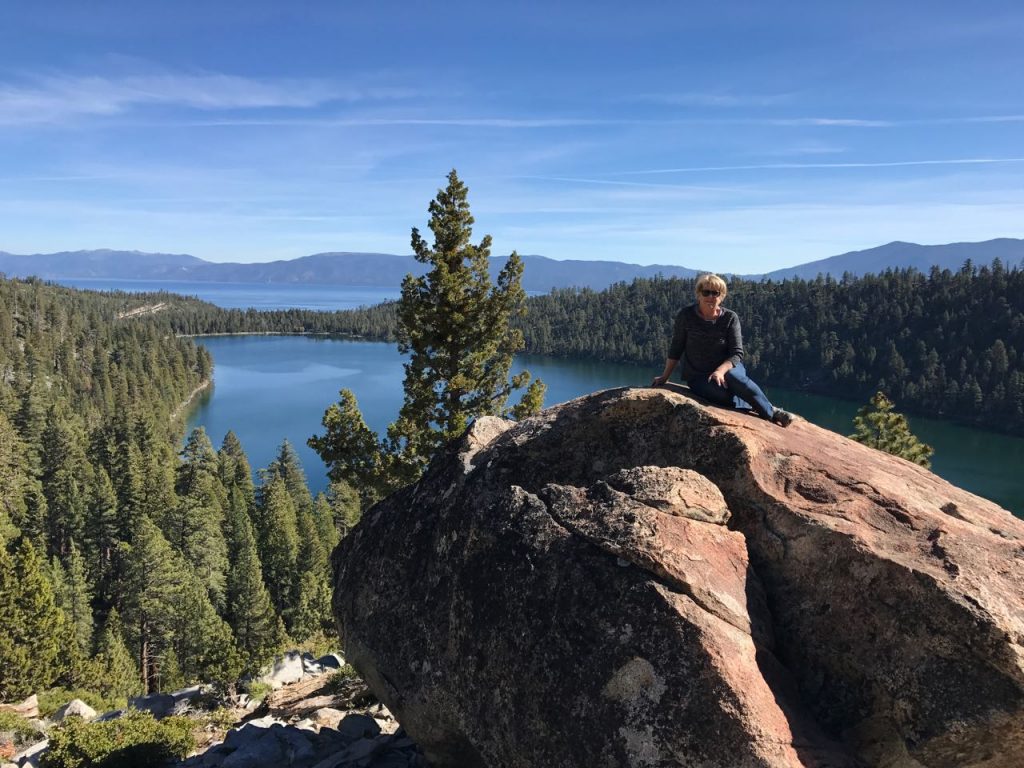 Linda overlooking Cascade Lake, with Tahoe in background. It is a great hiking trail!