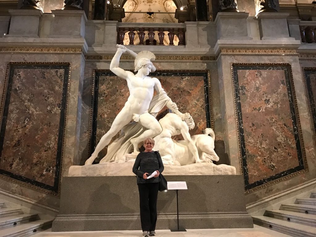 Mom in the Kunsthistorisches Museum, next to Theseus and Centaur by Antonio Canova