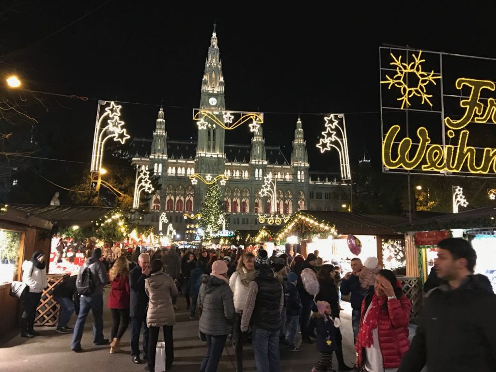 Christmas festival, with City Hall in background