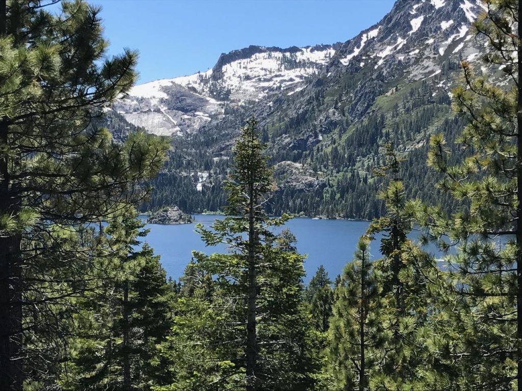 Emerald Bay, with island and falls in the background.