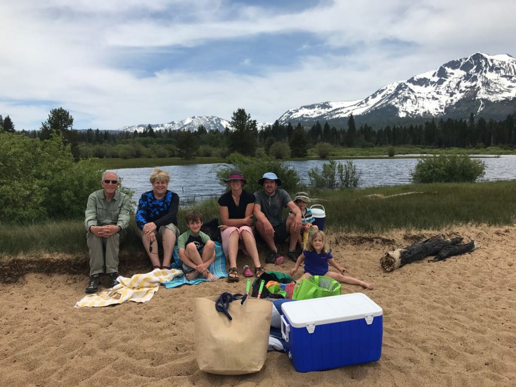 At the beach, with Taylor Creek behind us and Mt. Tallac in the background.