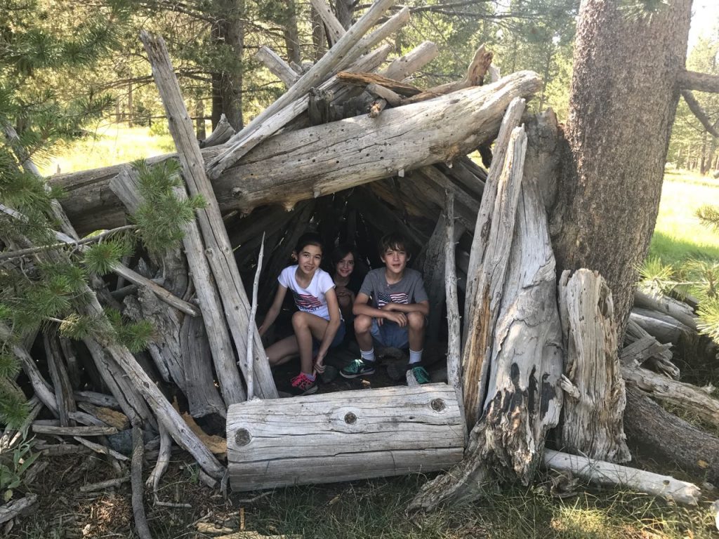 Rachelle, Beckett and Holland in a treehouse at Bijou Park.